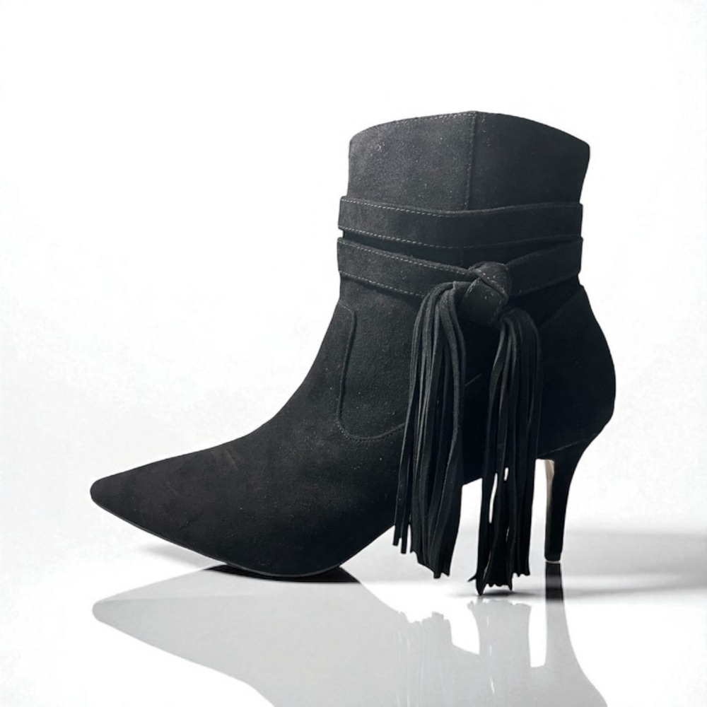 New! CHARLES JOURDAN PARIS Black Suede Fringe Booties Size 9.5